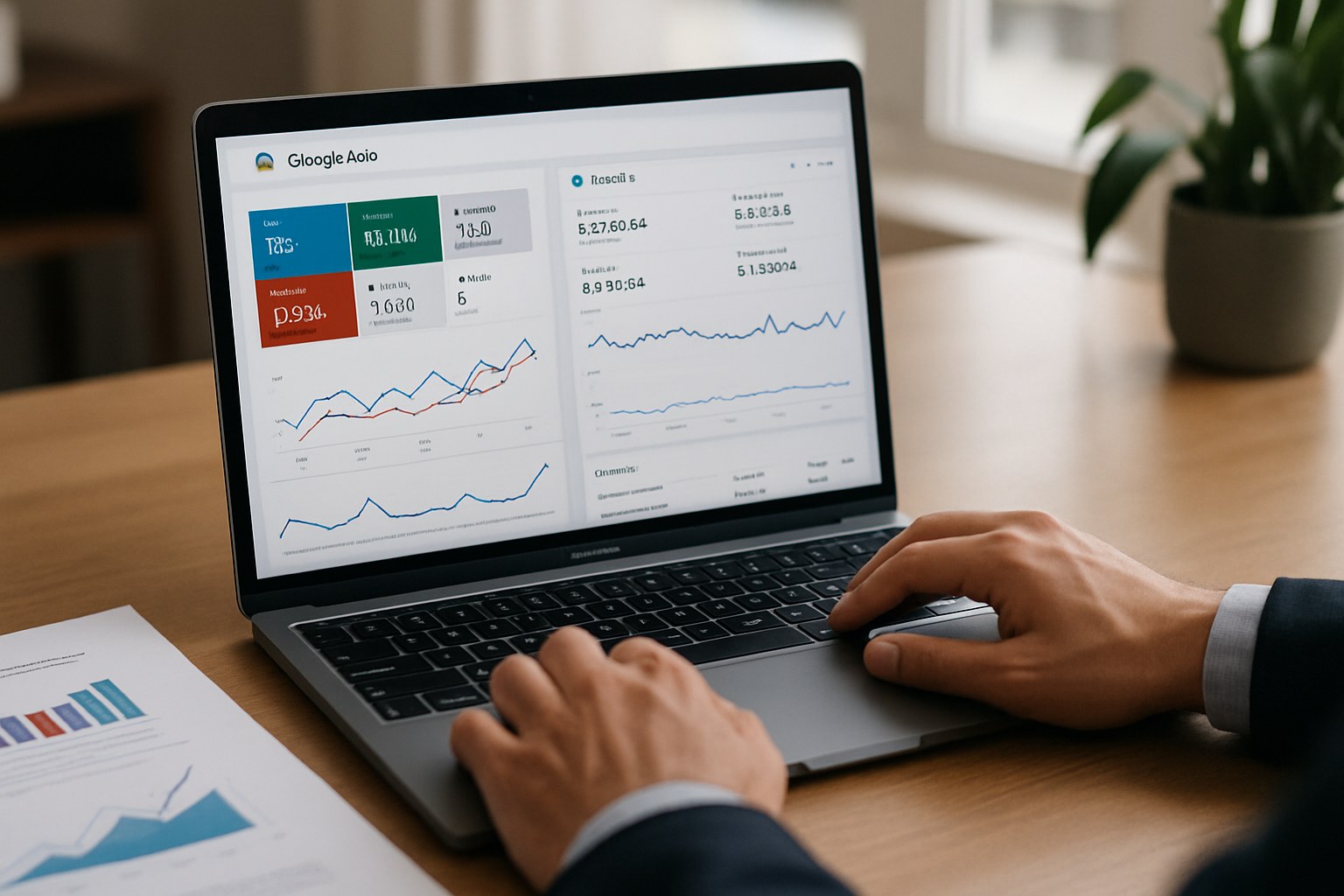 Specialist reviewing Google Ads campaign keywords and bid settings on screen
